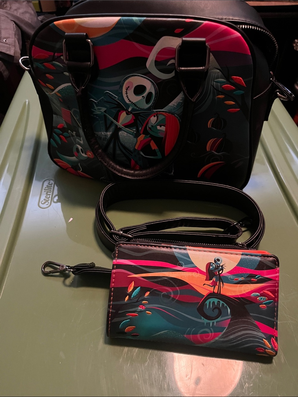 Loungefly Black Shoulder Bag and Wallet with Teal Pink Orange Artwork